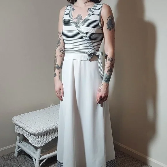 70s fashion maxi dress Halter Knit Maxi Dress in Retro Wave Print | 70s Style Open-Back Summer Gown  for Women | Luxury Vacation & Resort Evening Wear main image 1